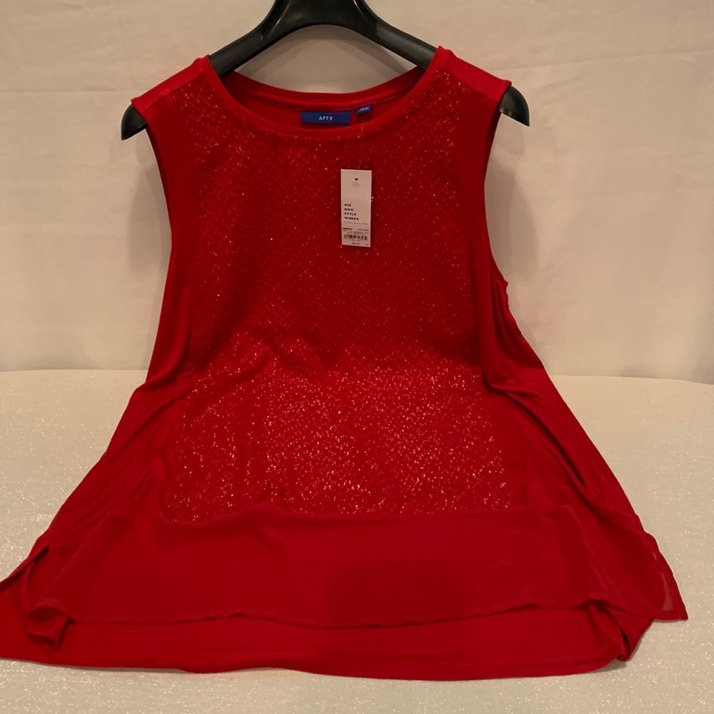 Apt. 9 Red Shiny Front and sheer bottom back all T-shirt. Size L